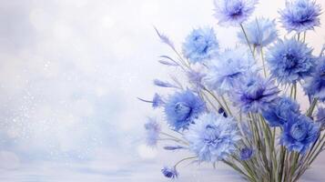 AI generated Blue cornflowers in full bloom on light background with glitter and bokeh. Banner with copy space. Perfect for poster, greeting card, event invitation, promotion, advertising, print photo