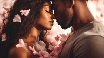 AI generated African American Couple in tender embrace surrounded by falling pink rose petals. Romantic moment. Ideal as postcard for Valentines Day, wedding, love story themes. Concept of passion photo
