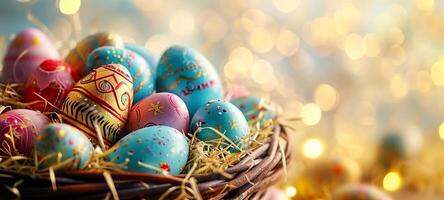 AI generated A wicker basket filled with richly decorated Easter eggs against a bokeh light background. Banner with copy space. Ideal for festive advertisements and seasonal event decorations. Easter photo