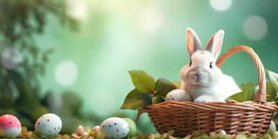AI generated Cute White Rabbit in basket with colorful Easter eggs. Festive bunny. Banner with copy space. Ideal for Easter celebration. Green backdrop. For greeting card, invitation. postcard, poster photo