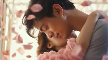 AI generated Asian Couple in a tender embrace surrounded by falling pink rose petals. Romantic moment. Ideal as postcard for Valentines Day, wedding, or love story themes. Concept of romance photo