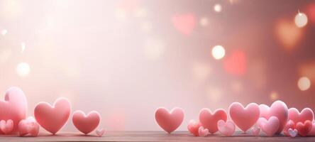 AI generated Banner with copy space for Valentines Day. Pink hearts on a soft bokeh background. Mockup for valentine card, greeting, invitation, postcard, promotion. Ideal for love themed designs. photo