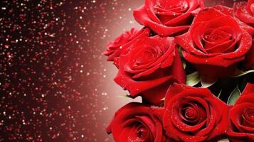 AI generated Red roses bouquet on a dark background with glitter and bokeh. Banner with copy space. Perfect for poster, greeting card, event invitation, promotion, advertising, print, elegant design. photo