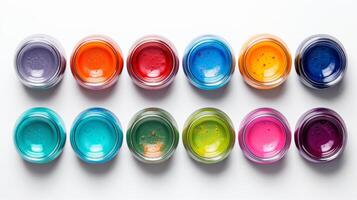 AI generated Array of colorful paint jars displayed in two neat rows, suitable for art stores or creative workshops. Top view. photo