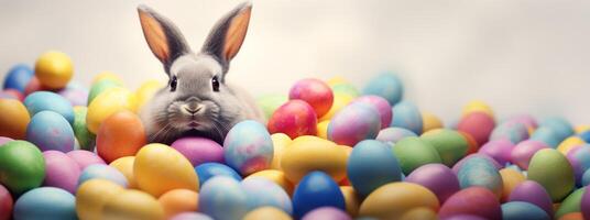 ai generado un Conejo rodeado por vistoso Pascua de Resurrección huevos. Perfecto para Pascua de Resurrección celebraciones y estacional marketing. festivo conejito. bandera con Copiar espacio. para saludo tarjeta, invitación. tarjeta postal, póster foto