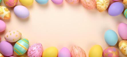 AI generated Pastel Easter eggs adorned with gold details on a peach background. Suitable for spring event announcements and holiday marketing. Represents Easter elegance. Banner with copy space. photo