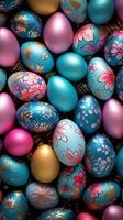 AI generated Colorful Easter eggs with unique patterns, set against a dark background. Top view. Copy space. Suitable for Easter celebration content and design projects. Vertical format. photo