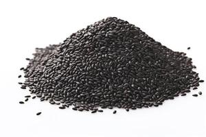 AI generated A pile of black sesame seeds showcased against a clean white background, perfect for cooking or baking purposes photo