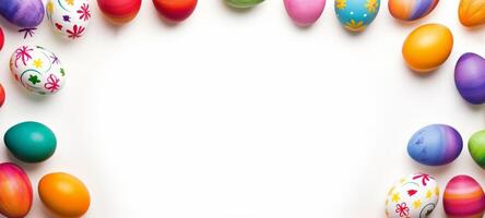 AI generated Decorative hand-painted colorful Easter eggs encircle empty center on white background. Suitable for spring-themed layouts, Easter Sunday promos, and craft inspiration visuals photo