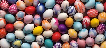 AI generated A colorful collection of decorated Easter eggs, closely packed, showcases a range of patterns and hues. Top view. Copy space. Suitable for Easter event promotions or creative projects photo