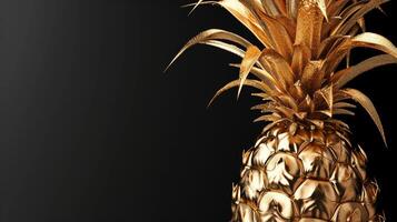 AI generated Golden pineapple made of gold against a dark background. Perfect for luxury branding and high end product presentations, embodying exclusivity. Jewelry fruit. Banner with copy space. photo