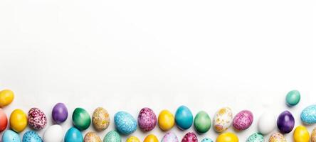 AI generated Top view of multicolored Easter eggs creating a border on a white surface, leaving ample copy space. Perfect for festive social media content, print advertisements. Festive backdrop photo