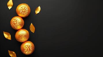 AI generated Four golden mandarins with embossed patterns and gold leaves on a black background, suitable for luxury branding or artistic compositions. Exclusive citrus fruit. Banner photo