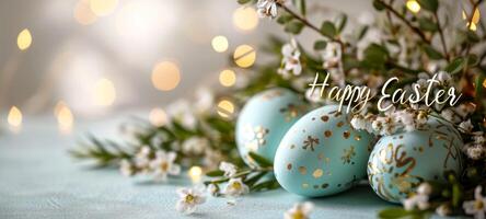 AI generated Decorated Easter eggs with delicate white flowers against a soft-focus background with warm lights. With the inscription Happy Easter. Banner with copy space. photo