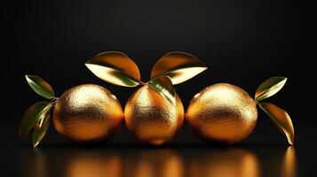 AI generated Trio of golden textured lemons made of gold with polished leaves on a black surface, ideal for abstract art and luxury design concepts. Exclusive fruit photo