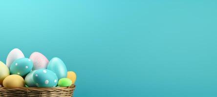 AI generated Colorful Easter eggs with intricate designs in rustic basket on a light blue background. Banner with copy space. Suitable for spring holiday marketing and festive decoration visuals. photo