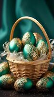 AI generated A basket of ornate teal and gold Easter eggs set against a teal background with sheer fabric. With copy space. Ideal for festive decoration themes and Easter holiday concepts. Vertical photo