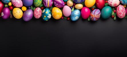 AI generated Top view of multicolored Easter eggs creating a border on a black background, leaving ample copy space. Perfect for festive social media content, print advertisements. Festive backdrop photo