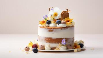 AI generated Layer cake adorned with edible flowers, berries, and sweets, against a soft backdrop. Can be used in Bakery showcases, recipe websites. Concept of Spring confectionery, organic decor photo