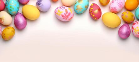 AI generated Colorful, artisanal Easter eggs against a white backdrop. Banner with copy space. Suitable for Easter promotional materials and craft project inspiration. Highlights joy of the holiday photo