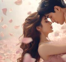 AI generated Asian Couple in tender embrace surrounded by falling pink rose petals. Romantic moment. Ideal as a postcard for Valentines Day, wedding, or love story themes. Concept of romance photo