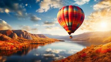 ai generado vistoso caliente aire globo flotante terminado un lozano paisaje durante puesta de sol. ideal para naturaleza, aventura, y viaje temas bandera con Copiar espacio foto