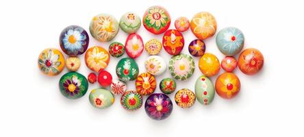 AI generated Decorative hand-painted colorful Easter eggs on white background. Can be featured in festive content and holiday-themed visuals photo