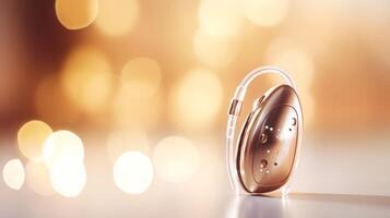 AI generated Close up of modern hearing aid on blurred background and bokeh lights. Treatment of people with hearing loss. Banner with copy space. Suitable for showcasing in medical photo