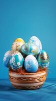AI generated Pastel hand-painted Easter eggs with intricate designs in a basket against a blue backdrop. With copy space. Suitable for Easter-themed event invitations and springtime advertising photo