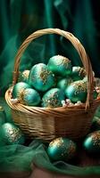 AI generated Teal Easter eggs with golden details resting in a basket, with a translucent teal fabric backdrop. With copy space. Perfect for spring holiday promotions and elegant Easter settings. photo