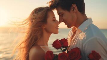 AI generated Romantic Couple Embracing by the Sea at Sunset with red roses. Intimate moment. Ideal as postcard for Valentines Day, wedding, anniversary or love story themes. Concept of romance photo