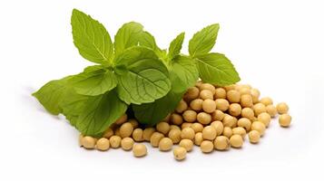 AI generated Soybeans with mint leaves isolated on white background. Ideal for food and health related content. For banner, poster, advertising, web design, organic food store, supermarket, food blog. photo