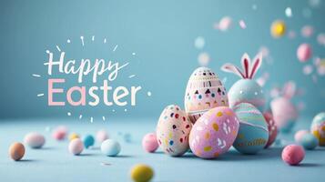 AI generated Easter-themed image with pastel-colored eggs and Happy Easter text. On light blur background. Banner. Suitable for greeting cards or holiday marketing. photo