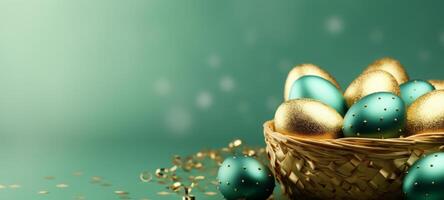 AI generated Golden and teal Easter eggs in wicker basket against dark green background. Banner with copy space. Perfect for elegant Easter themes and upscale holiday marketing, highlighting luxury photo