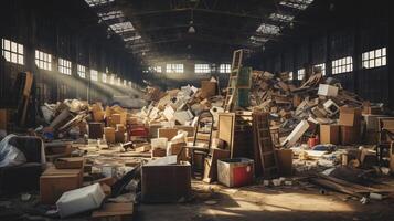 AI generated Industrial warehouse filled with discarded items and waste. Good for projects related to waste management or environmental issues, for environmental awareness or waste disposal campaigns. photo