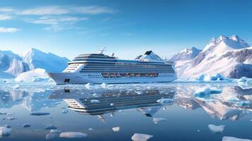 ai generado crucero Embarcacion navegación en glacial aguas con Nevado montañas, glaciares y icebergs ártico viaje. polar expedición. turismo y viaje concepto. Perfecto para fondo, tarjeta, bandera, póster foto