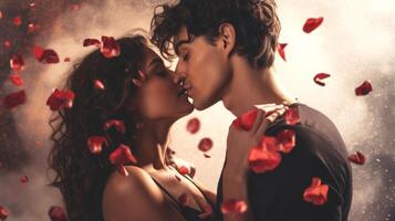 AI generated Couple in a tender embrace surrounded by falling red rose petals. Romantic moment. Ideal as a postcard for Valentines Day, wedding, anniversary or love story themes. Concept of passion photo