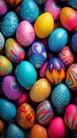 AI generated Various colorful Easter eggs with unique patterns, set against a dark background. Top view. Copy space. Suitable for Easter celebration content and design projects. Vertical format. photo