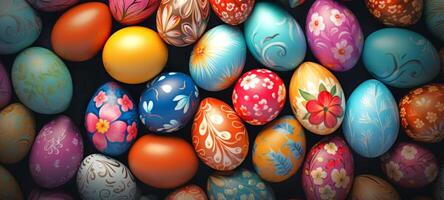 AI generated Easter eggs with floral and abstract patterns displayed against a black backdrop. Ideal for festive content, event invitations, promotional material for spring season. Top view. photo