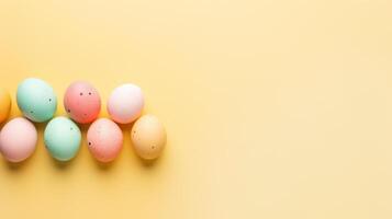 AI generated Top view of Easter painted colorful eggs on light yellow gradient background. Banner with copy space. Ideal for Easter promotion, spring event, holiday greeting, advertisement, festive photo