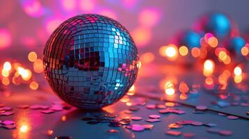 AI generated A Neon disco ball casting vibrant reflections, perfect for backgrounds in event promotions or music videos photo