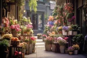 AI generated Modern street floral market on Europe style. Variety of fresh, vibrant flowers displayed for sale at an outdoor market. Perfect for floral business promotions or advertisements. photo