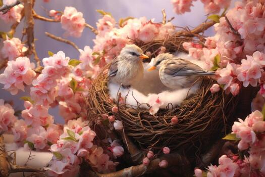 AI generated A close-up of little birds in a nest, surrounded by pink blossoms. Ideal for nature-themed content photo