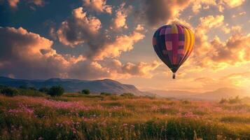 AI generated Colorful Hot air balloon floating over a lush landscape during sunset. Ideal for nature, adventure, and travel themes. Banner with copy space. photo