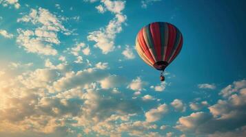 AI generated Beautiful sky with a floating hot air balloon. Perfect for illustrating peaceful journeys and travel concepts. Banner with copy space. photo