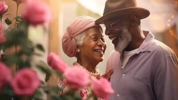 ai generado mayor africano americano Pareja compartiendo alegre momento entre rosado rosas, su sonrisas radiante calor y para toda la vida amor. ideal para artículos en envejecimiento, amar, san valentin día foto