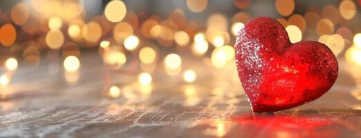 AI generated Banner with copy space for Valentines Day. Red heart on a soft gold bokeh background. Mockup for valentine card, greeting, invitation, postcard, promotion. Ideal for love themed designs. photo