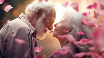 AI generated Affectionate elderly couple shares a heartfelt kiss amidst soft background of rose petals, evoking everlasting love. Ideal for greeting cards and sentimental themes. Valentines day photo