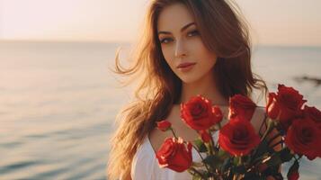AI generated Beautiful young woman with red roses against a sunset backdrop on the beach of the sea. Banner with copy space. Can be used in greeting cards or romantic event promotions photo