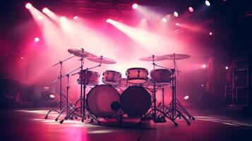 AI generated Drum set on stage with pink and red stage lighting, ready for a concert. Suitable for music venue ads and event promotions photo